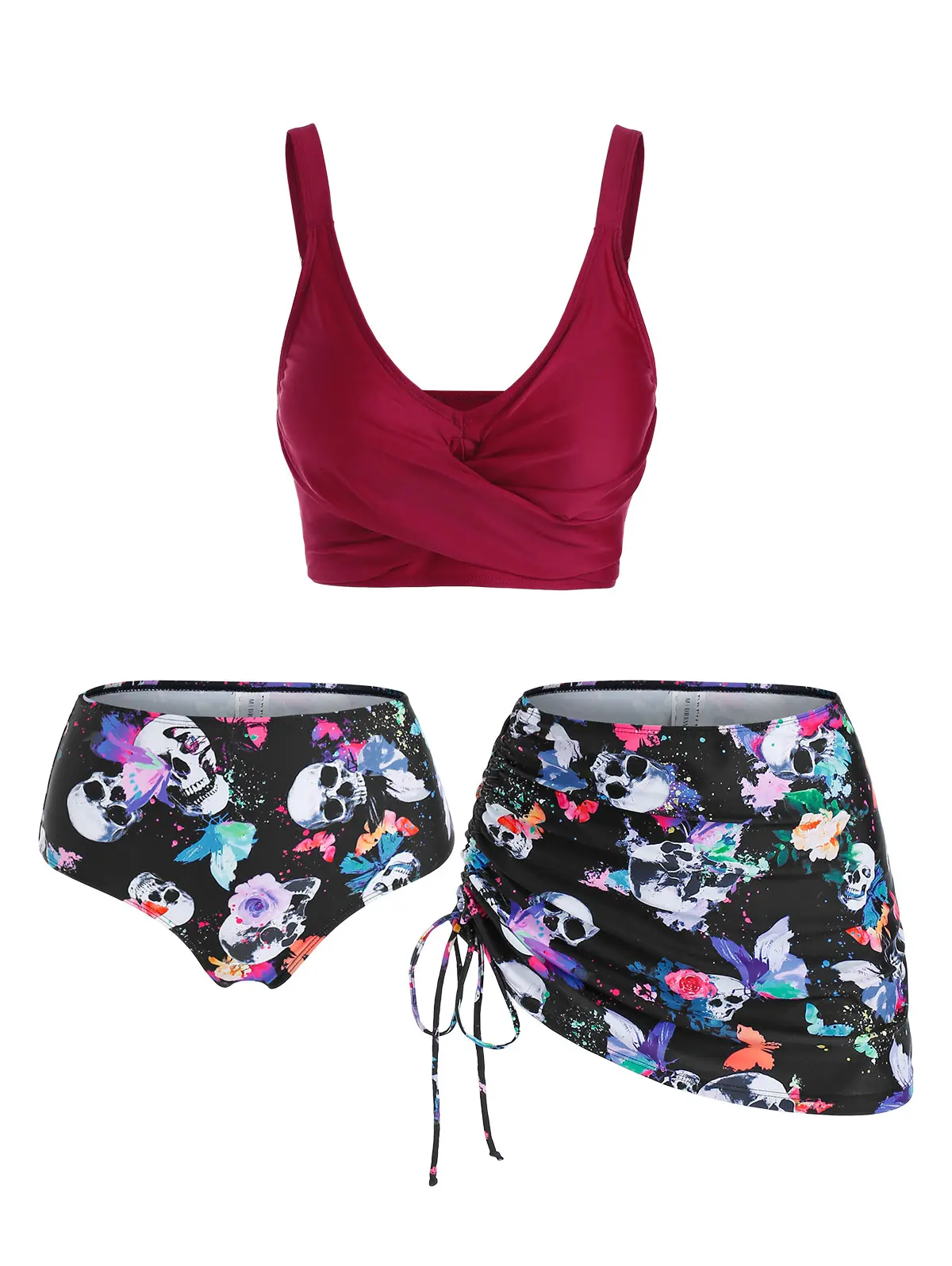 DRESSLILY 2026 Women's Gothic Tankini Swimwear Skull Butterfly Floral Print Bathing Suit Crossover Cinched Skirt Beach Three Piece Swimsuit