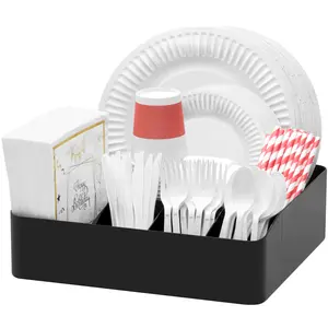 Paper Plate Organizer for Kitchen Countertop, Cutlery Flatware Dispenser Box for Cup Spoon Fork Plate Napkin, Black