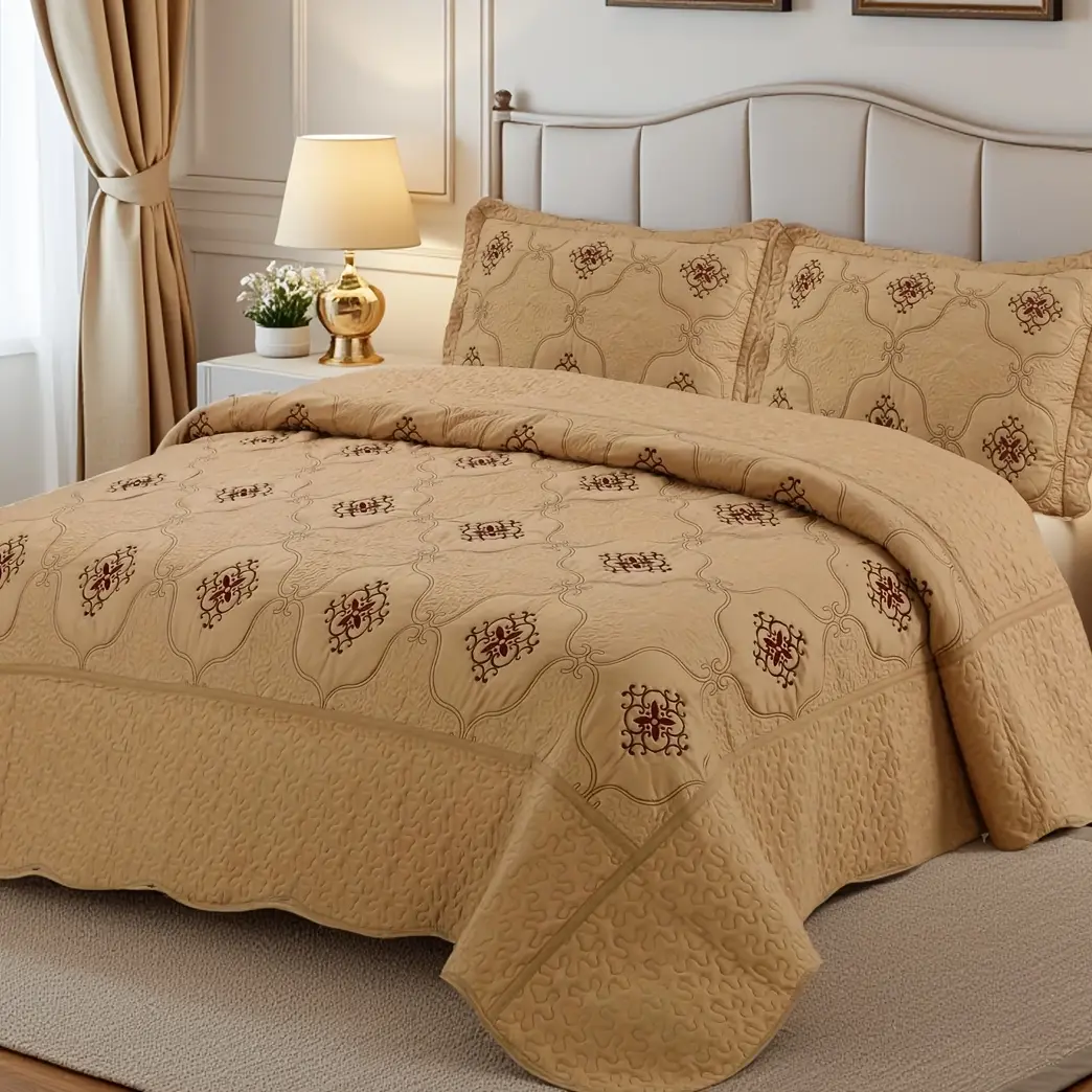 3PCS Embroidered Bed Set - Fully Quilted, Intricate Design Bedspread, Decorative Bedding Set for Cozy Comfort & Aesthetic Bedroom Decor