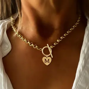 1pc Trendy Simple Golden Color Heart Hollow Initial Pendant Toggle Clasps Stainless Steel Chain Necklaces For Women