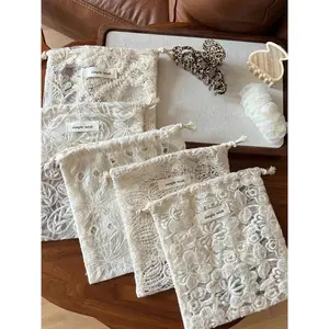 Apricot Vintage Lace Embroidered Drawstring Bag, Multi-Purpose Storage & Organizing, Ideal for Travel, School, Gifts, Drawstring Organizer Bag