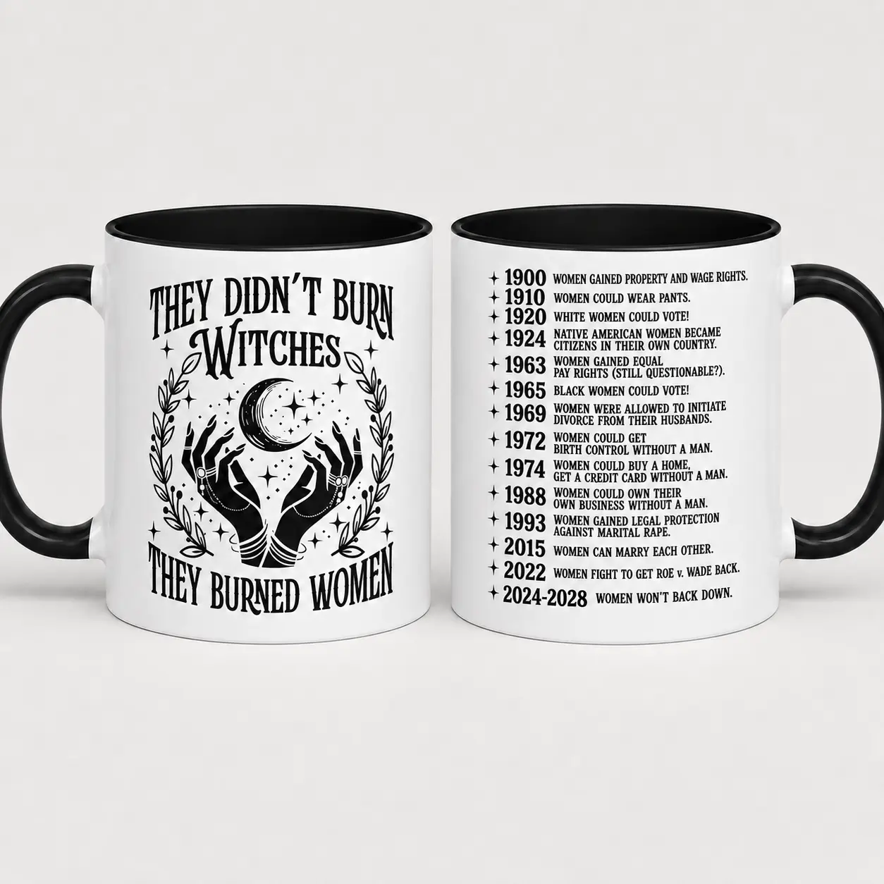Feminist Printed Glossy Cup, 11oz-15oz Washable Ceramic Drink Mug with Empowering Quote "They Didn't Burn Witches, They Burned Women", Historical List, Reuse