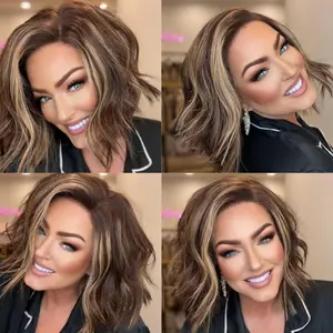 Emma Hair Brown Roots Highlights Wave Short Style Side Parting Human Hair 5x5 HD Lace Wig BH17 10-Inch Remy 250% Density Glueless Lace