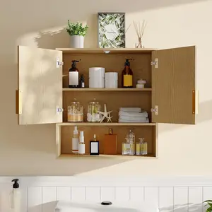 Garvee Fluted Double Door Wall Cabinet – Bathroom Wall Mounted Organizer with Adjustable Shelves & Towel Bar, Space-Saving Storage for Bathroom, Kitchen, Laundry Room or Powder Room – Modern White Oak Finish, Stylish Over-Toilet or Wall Shelf Cabinet