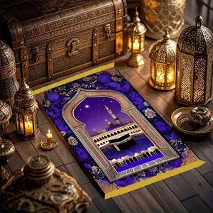 1pc Luxurious Velvet Prayer Rug, Kneeling Mat, Prayer Mat, Worship Mat, with Tassels, Featuring Islamic Architectural Arches Patterns, in Purple And Golden Colors, Machine Washable, Non-Slip, Soft, Comfortable, Durable, Foldable