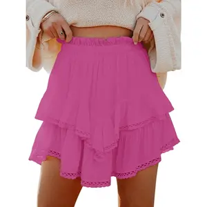 Trendy Boho Flowy Shorts for Women - High Waist Ruffle Tiered Skorts Fashion Crochet Mini Skirt Casual Golf Tennis Daily Wear