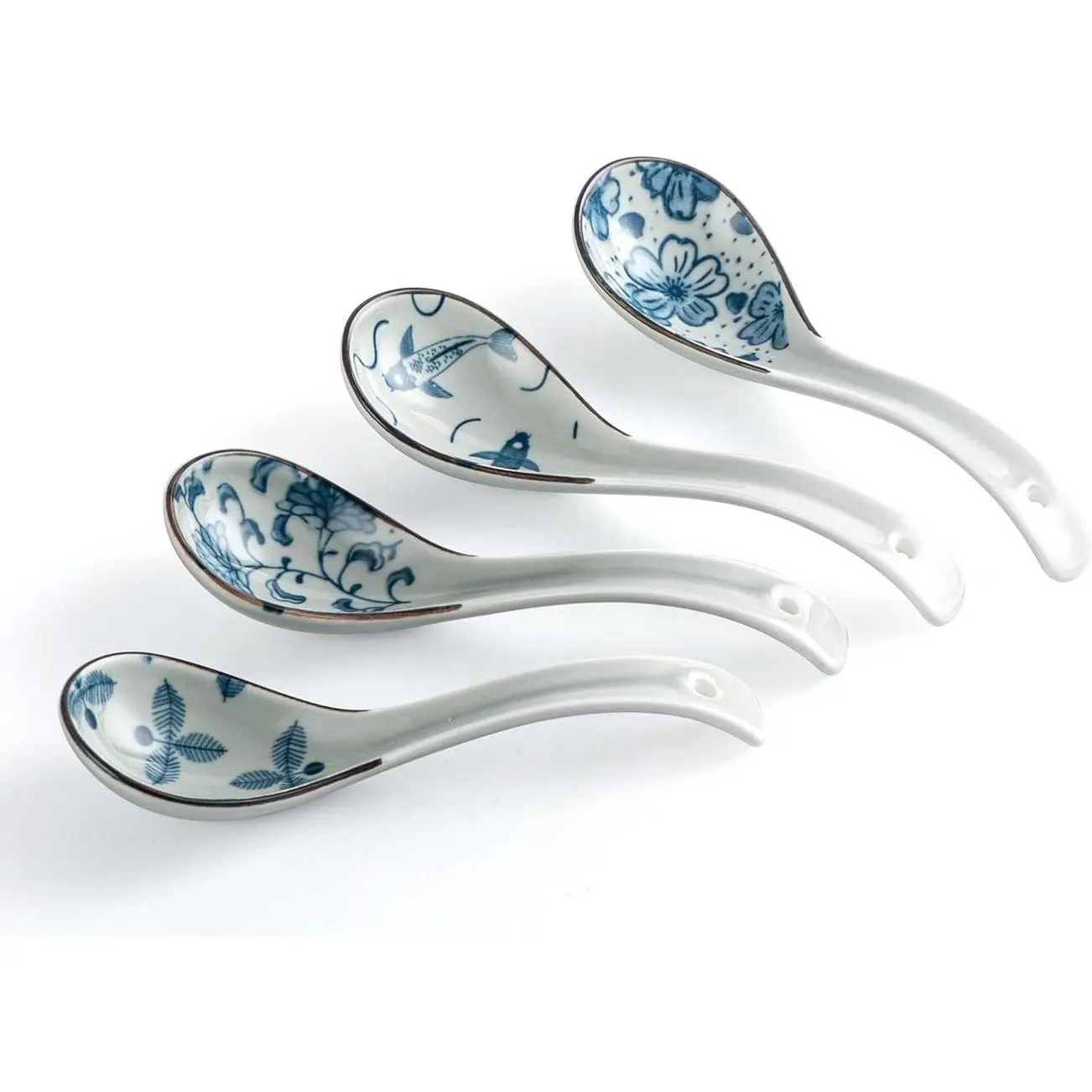 4Pcs Asian Soup Spoon,Chinese Ceramic Soup Spoons,Non-Slip Japanese Soup Spoon,Ramen Spoons with Hook for Rice Pho Miso Soup Wonton