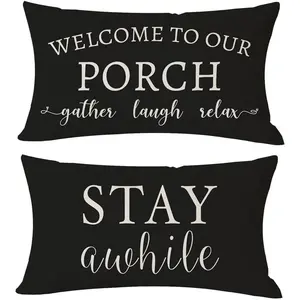 Welcome to Our Porch Stay Awhile Farmhouse Black and White Outdoor Lumbar Decorative Throw Pillow Covers 12x20 Inch Set of 2 Cozy Relax Porch Patio Decorations for Home Couch Bench Decor