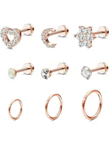 9 Pcs Aesthetic Rose Golden Piercing Pack Cute Heart Moon Flower Design with CZ Opal Hypoallergenic Stainless Steel Labret Studs Cartilage Hoops Must-Have Body Jewelry for Daily Festival Outfits