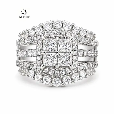 JJ CHIC Square Multi-Band Ring for Women Micro Pave CZ Stones Halo Design Elegant Daily Wear Gift for Girlfriend or Wife Jewelry Unique Sparkling Stones