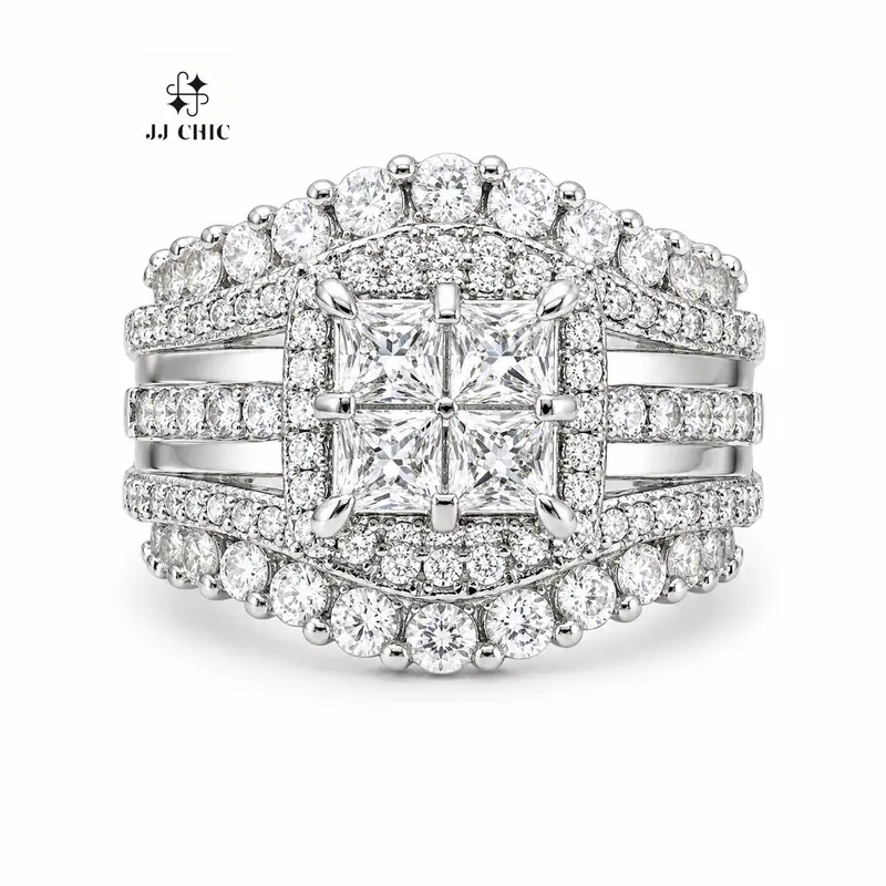 JJ CHIC Square Multi-Band Ring for Women Micro Pave CZ Stones Halo Design Elegant Daily Wear Gift for Girlfriend or Wife Jewelry Unique Sparkling Stones