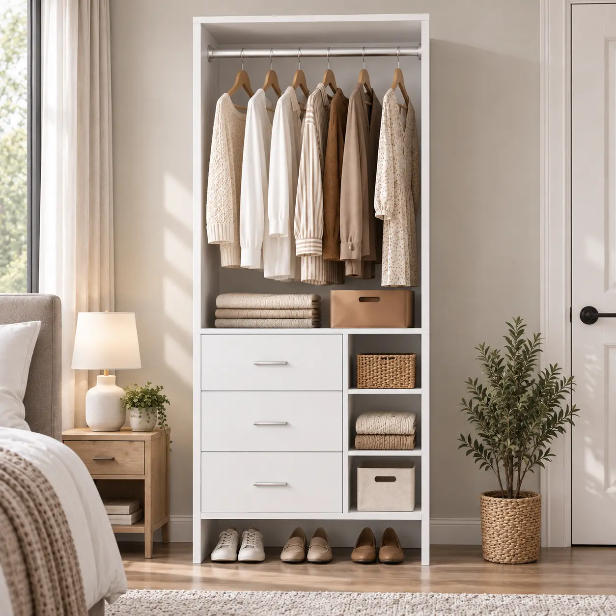 30''W Closet System with 3 Wooden Drawers and Hanging Rod, Freestanding 2.5FT Walk-in Closet Organizer Bedroom Armoire Wardrobe with Storage Shelves,dorm essentials,home decor