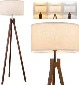 Wood Tripod Floor Lamp, Mid Century Reading Standing Lamp with 3 Color Temperatures & Linen Shade, Modern Night Light for Bedroom, Farmhouse, Living Room, Office, 9W LED Bulb Included, Brown
