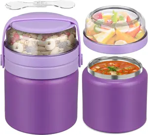 2 in 1 Double Insulated  Jar 13.5oz Soup Thermo with Snack Container  Thermo for Hot  Lunch Containers Wide Mouth Vacuum Stainless Steel Leak Proof for School Travel(Purple)