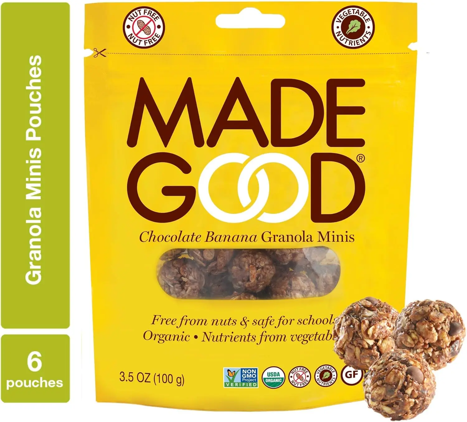 MadeGood Chocolate Banana Granola Minis, 6 Pouches (3.5oz Each) - Organic, Allergy-Friendly, Wholesome Bite-Sized Snacks for School-Safe Lunches