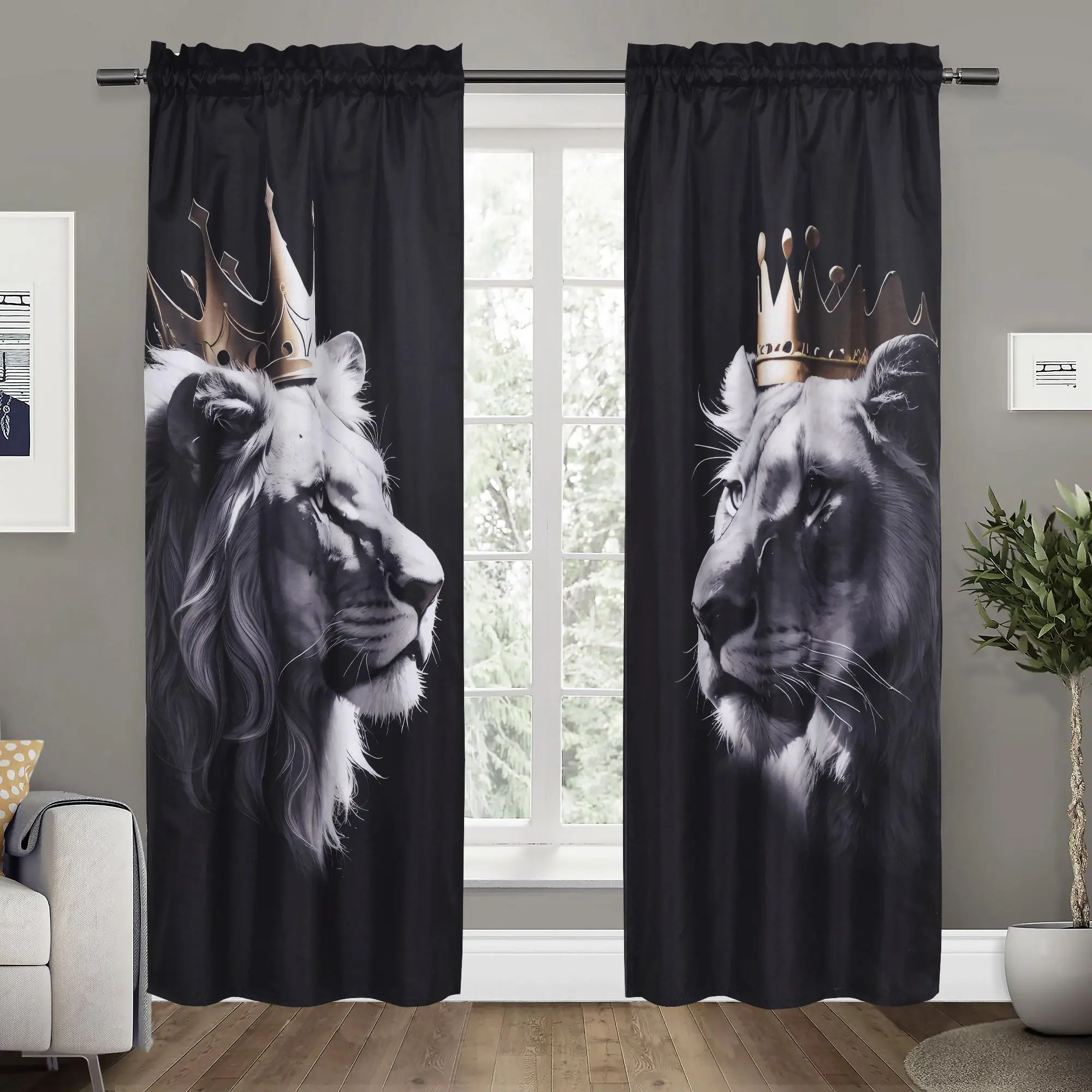 Crown Lion Pattern Curtain, 2 Counts Modern Polyester Blackout Curtain for Home Kitchen Bedroom Living Room Decor