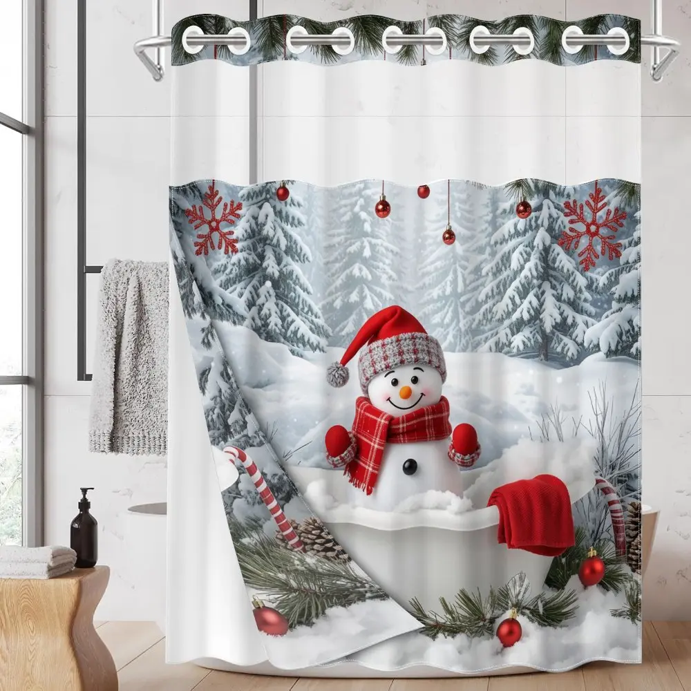 1PC/4PCS 2D Flat Printing Merry Christmas Snowman Bathtub Snow Scene Patterned Decorative shower curtain, home bathroom decor, shower curtain set with 12 hooks, non-slip bathroom rug, U-shaped toilet seat cover, toilet seat mat.