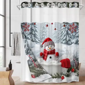 1PC/4PCS 2D Flat Printing Merry Christmas Snowman Bathtub Snow Scene Patterned shower curtain, home bathroom decor, shower curtain set with 12 hooks, non-slip bathroom rug, U-shaped toilet seat cover, toilet seat mat.