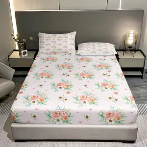 3pc Fresh Pink Rose Floral Pattern Printed fitted sheet Set, including 1 fitted sheet and 2 pillowcases. Available in multiple sizes. Suitable as a holiday gift for friends. Suitable for bedrooms, guest rooms, dormitories, and hotels.