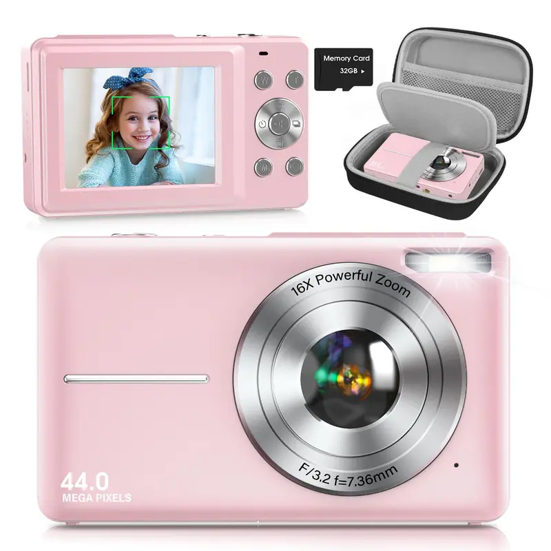 Digital Camera & Portable Camera Bag Set, 1080P & 44MP 16X Digital Zoom Compact Camera, Fall Resistant Protective Case with Lanyard for Digital Camera, Electronic Portable Camera