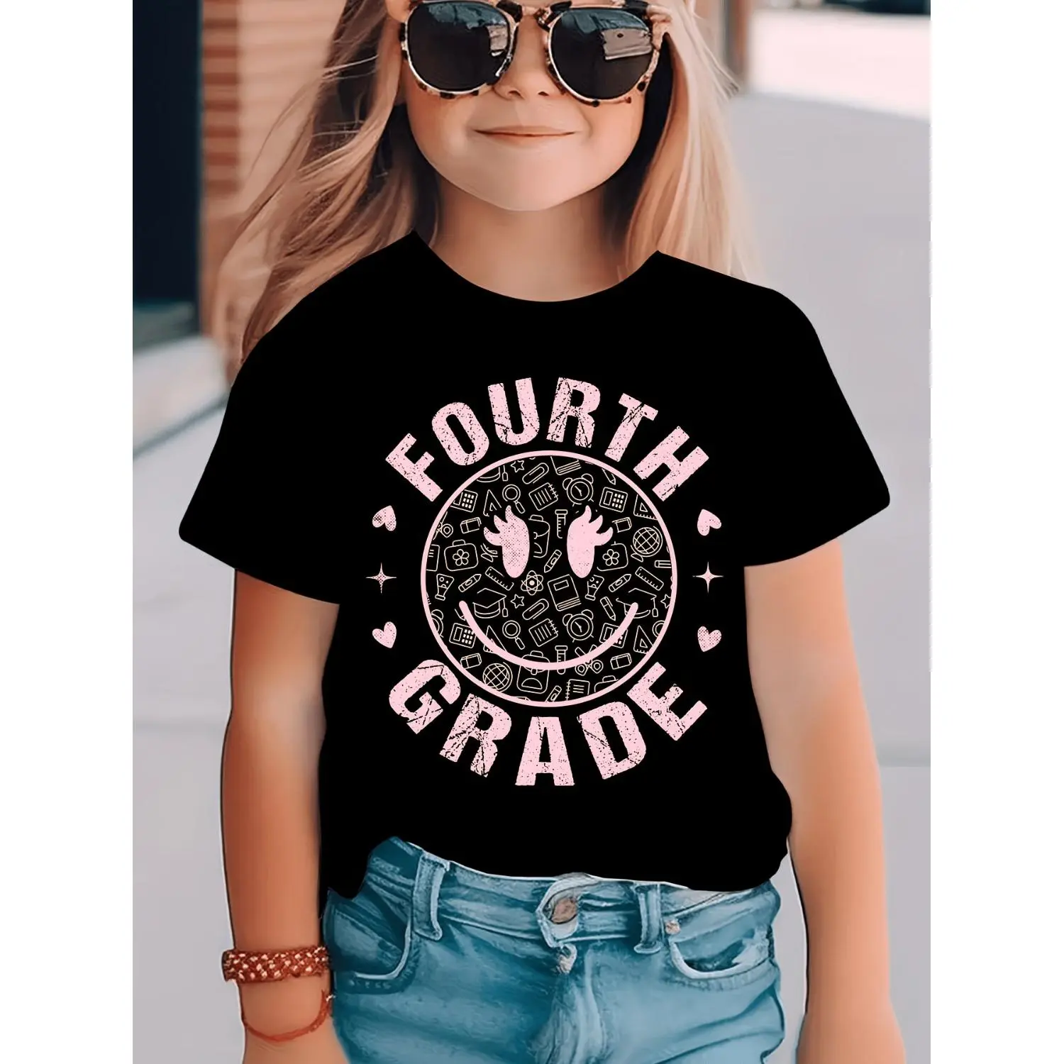 Back to School Season Girls' Short-Sleeve T-Shirt from The 'Fourth Grade' Letter Element Series - a Casual And Versatile Top with a Large Eyelash Eye Print
