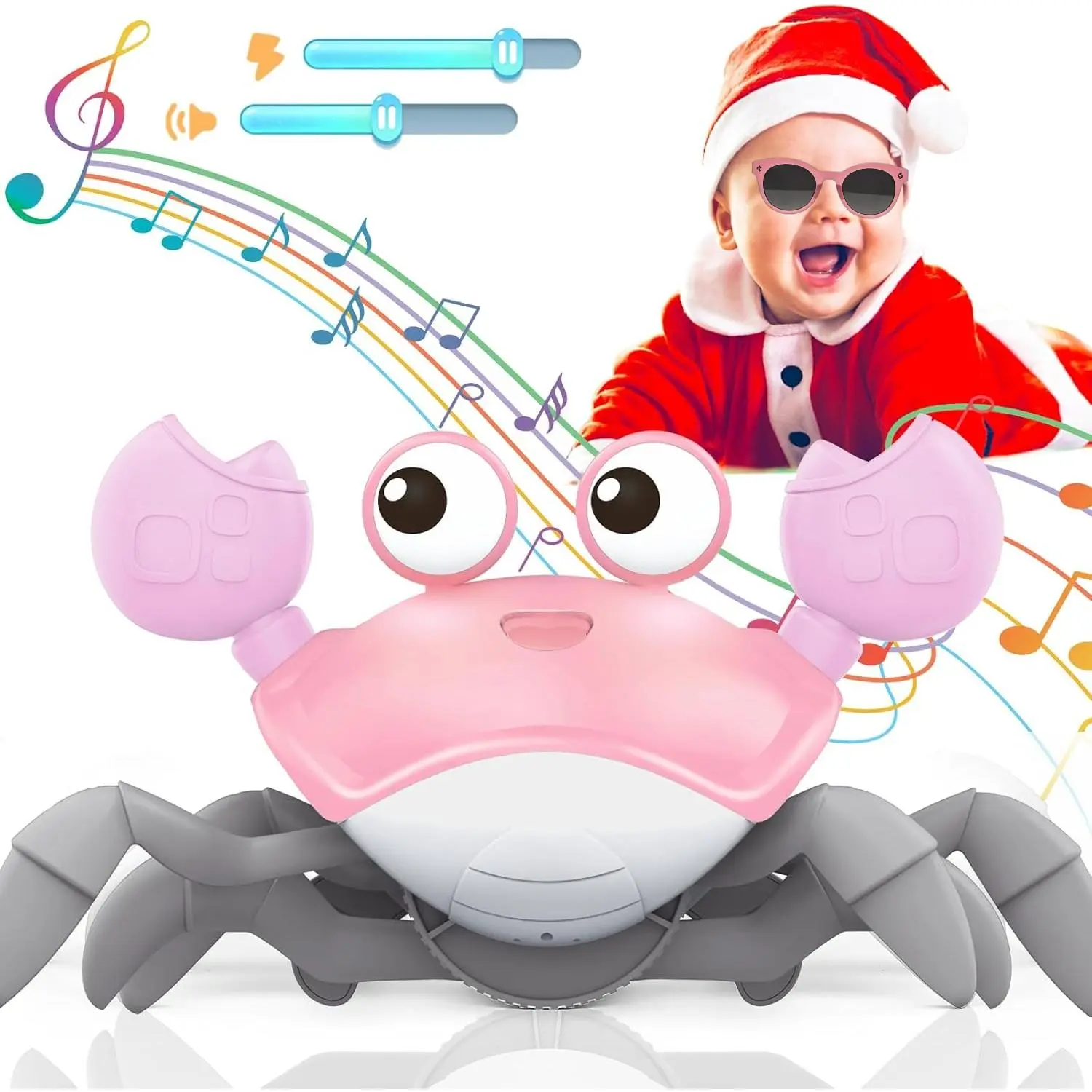 001-XLL Crawling Crab Baby Toy, Tummy Time Girl Gifts for Babies 3-6 6-12 Month, Light-Up Walking Dancing Moving Crab with Music & Obstacle Avoidance, Rechargeable Musical Toys 1 Year Old Girls Gift (Pink)