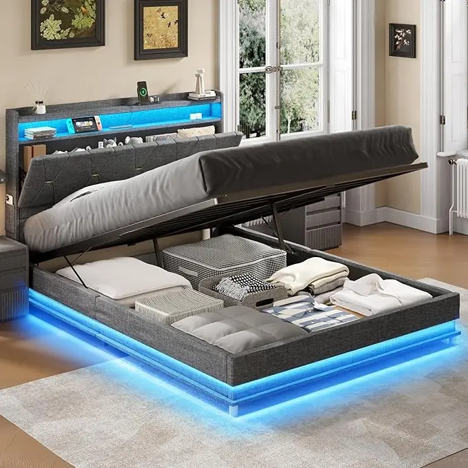 [tiktokshopbacktoschool] Vabches Hydraulic Lift-Up Storage Bed Frame - Upholstered Platform Bed with Storage Headboard, Charging Station, LED Lights, Noise-Free, No Box Spring Needed, Hydraulic Storage Bed