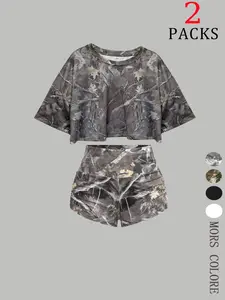Women's Solid Color / All Over Print Crop Top & Shorts Two-piece Set, Casual Fashion Cozy Breathable Short Sleeve Tee & Shorts for Daily Outdoor Wear, Ladies Summer Clothes, Suits