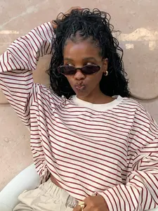 Spring Summer Striped Colorblock Loose Round Neck Long Sleeve Top, Casual Relaxed Fit Women's Bottom Tee, Fashionable and Comfortable