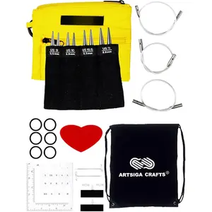 Twist Red Lace Shorties 3-Inch Large Yellow 7230-L Interchangeable Knitting Needle Set, US 9, 10, 10.5, 11 Stainless Steel with 3 Swiv360 Cables Bundle with 1 Artsiga Crafts Project Bag