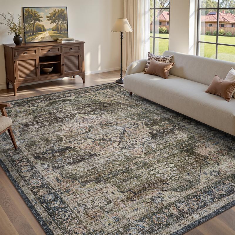 MontVoo Vintage Medallion Rug, Retro Distressed Design, Washable Non-Slip Area Rug, Farmhouse Aesthetic Home Decor for Living Room, Bedroom