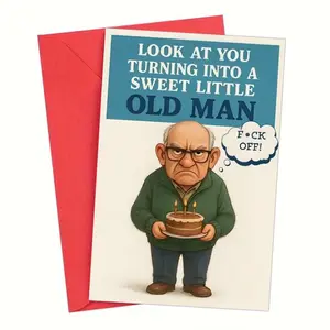 1pc Funny Birthday Card with Envelope | Unique Gift for Women, Men, Friends, Brother, Sister, Son, Daughter, Husband, Bestie, Wife | Ideal for Christmas or Any Occasion | Grumpy Old Man Holding Birthday Cake Funny Decor