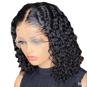 Brazilian Hair Wig Water Wave Lace Front Short Bob Wig for Women High-temperature Chemical Fiber Full Mechanism T Part HD Transparent Lace Wig Pre-Plucked Water Curly Lace Part Natural Color Middle Part