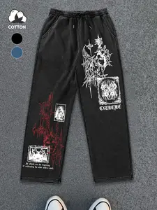 Men's Multicolor Dark Religion Print Cotton Casual Pants, Four Seasons Skin-Friendly Comfort, Trendy Streetwear for Daily Wear