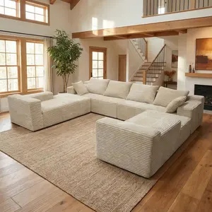 QIMENG 139-in Oversized U Shaped Sectional Couch - 8-Seater Modular Boneless Cloud Sofa, 4-in-1 Flexible Combination, Deep-Seat Corner, No-Assembly Corduroy Memory Foam Living Room Furniture with Chaise Lounges (Dark Gray White), U Shaped Sofas, Boneless