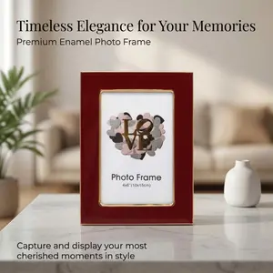 Metal enamel photo frame, 4x6 Enamel Picture Frame with HD-Tempered Glass, Gold Metal Edge with Easel, Vertical & Horizontal Display, Wall and Tabletop Display Family Photo Gallery (Red Enamel)