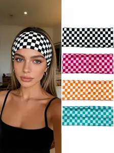 4pcs Spring Summer New Chessboard Pattern Hairbands, Fashion Wide Elastic Headbands, Sweat Absorbing Sports Fitness Hair Accessories