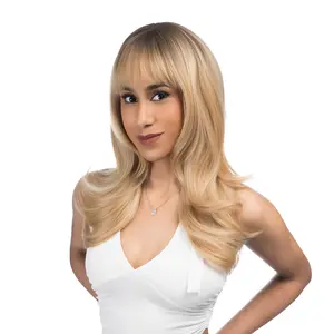 17-Inch Yellow Blonde Ombré (Scorched Brown Roots, Platinum Underlights) Layered Straight Cut Upward Curling Ends Synthetic Wig | 【Heat Resistant】【Cap Included】 |  #55 @44 FSGA
