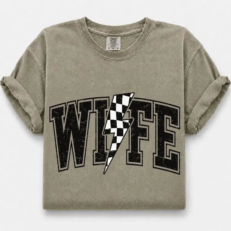 Comfort Colors Wife Shirt, Wife Lightning Bolt Checkered Graphic Tee, Wife Gift