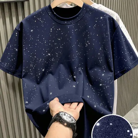 New Men's Casual Streetwear Short Sleeve Fitted Long T-Shirt Crew Neck, Fashion Starry Sky Reflective Design, Essential Item for Men's Outdoor Activities, Multiple colors to choose from, Menswear Top, Fashion Streetwear Top
