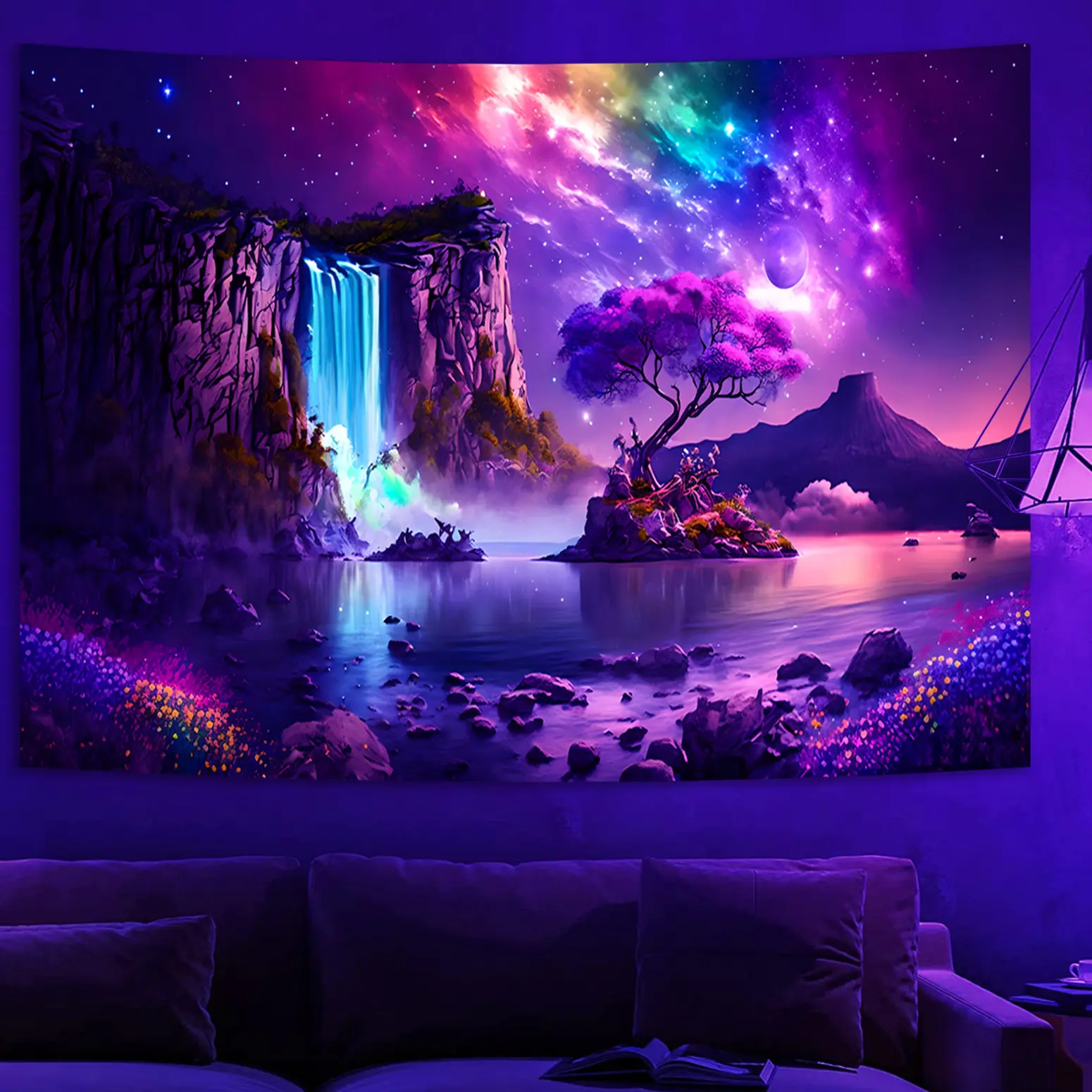 Fantasy Waterfall Tapestry, Blacklight Wonderland Purple Galaxy Tree Landscape UV Reactive Wall Hanging Tapestries for Bedroom, Living Room