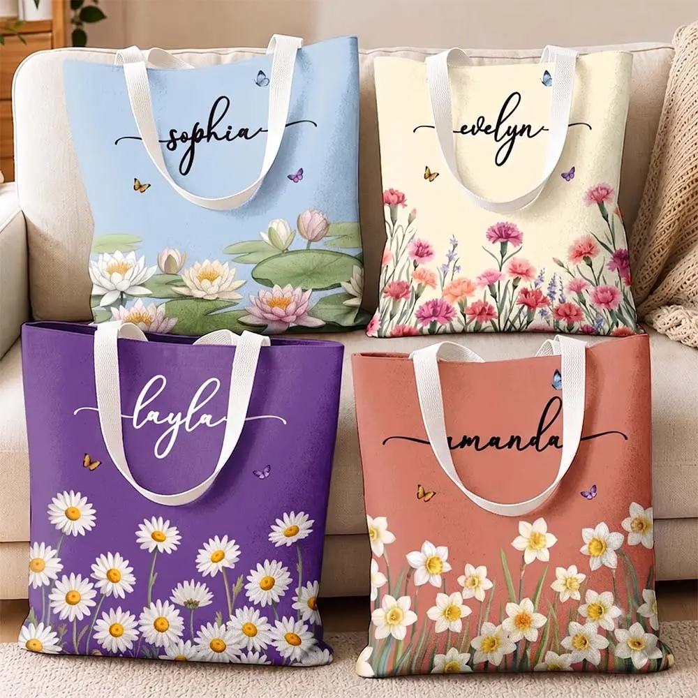 Women's Personalized Birth Month Flower Canvas Tote Bag - Custom Name, Floral Graphic, 15x15 in Basic Tote for Everyday Carry Gift