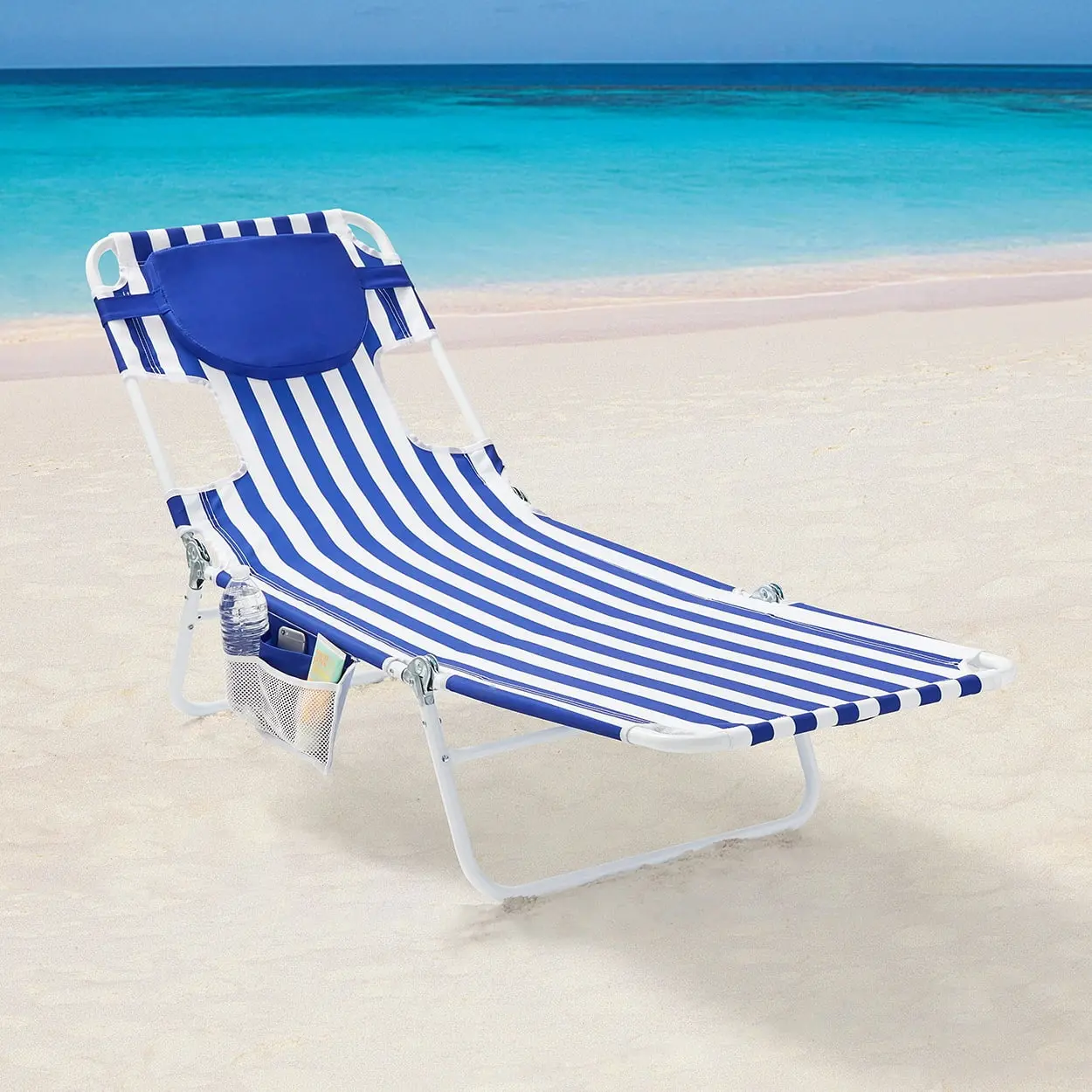 Face-Down Folding Beach Lounger with Backpack Straps, Blue & White Stripe