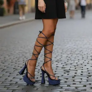 Blue Rhinestone Knee-High Lace-Up Platform Heels