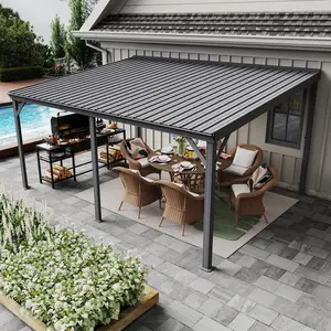 Outdoor Hardtop Lean to Gazebo, Wall Mounted Pergola with Gutters, Galvanized Steel Roof, 60MPH Wind Resistant, Large Metal Canopy for Patio, Deck & Lawn