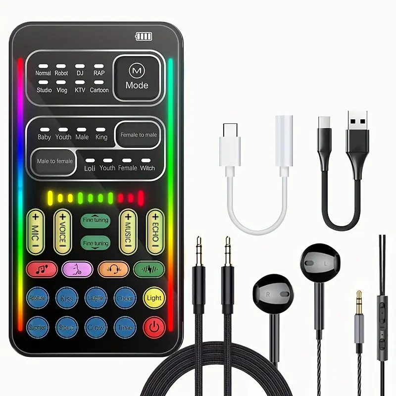 Real-Time Voice Changer Complete Set with Sound Card - Compatible with Android Phones, Mac, Light Headphones - for Vlog Creation, Game Live Chat - Supports Edit, Cartoon/Rap/DJ Voice Modification