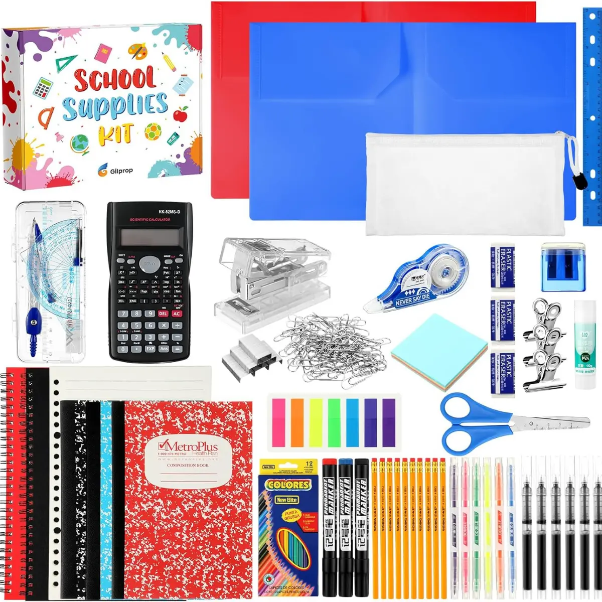 108-Piece Middle & High School Supply Kit, Back to School Essentials Bundle Box for 7-12 Grade Students with Calculator, Pencils, Compass, Notebook, Colorful Pens