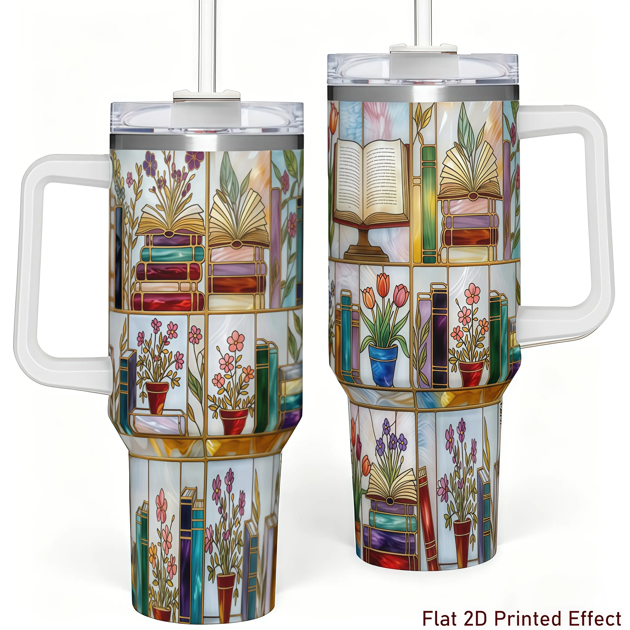Stained-Glass Book Design 40oz Tumbler, Flat 2D Printed Floral Bookshelf Tumbler, Book Lover Gift, Bookish Cup, Library Cup, Tea Cup, Coffee Mug, Gift for Friends, Kitchen Drinkware