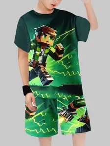 Boys Pixel Lightning Set Outfit Inspired by My World, Casual Fitted Tee and Shorts, Spring & Fall with Random Print Design