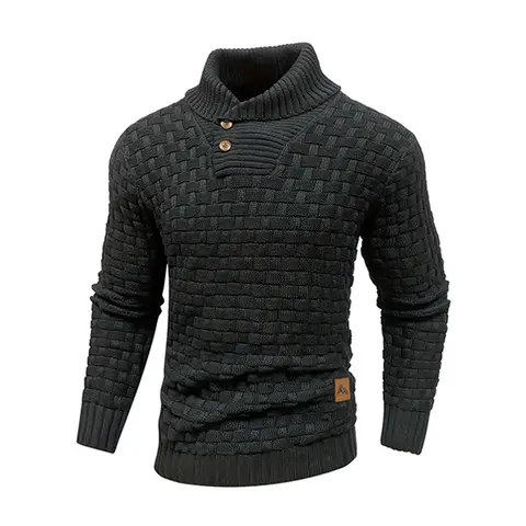 Men’s polyester textured knit pullover sweater — mock neck with button placket, 3D waffle knit, long sleeves, casual top suitable for Soho-style autumn outfits, polyester knit Knit Tops Knit Longsleeves